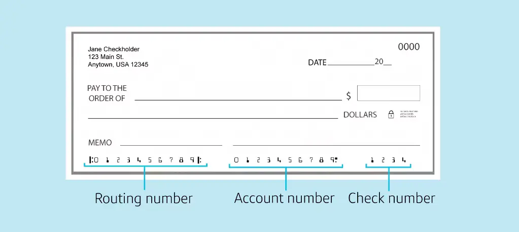Check anatomy showing routing number, account number, and check number locations