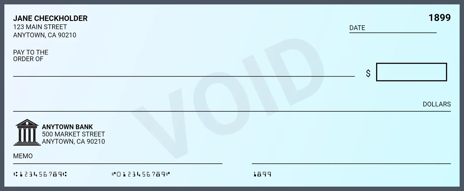 A blank check marked VOID across the front, ready to hand to an employer for direct deposit